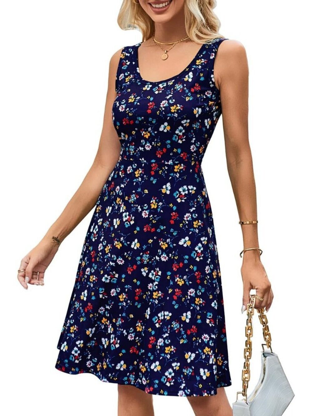 Women's Flower Blue High Stylish for Women A line Sleeveless Wide Midi Dress